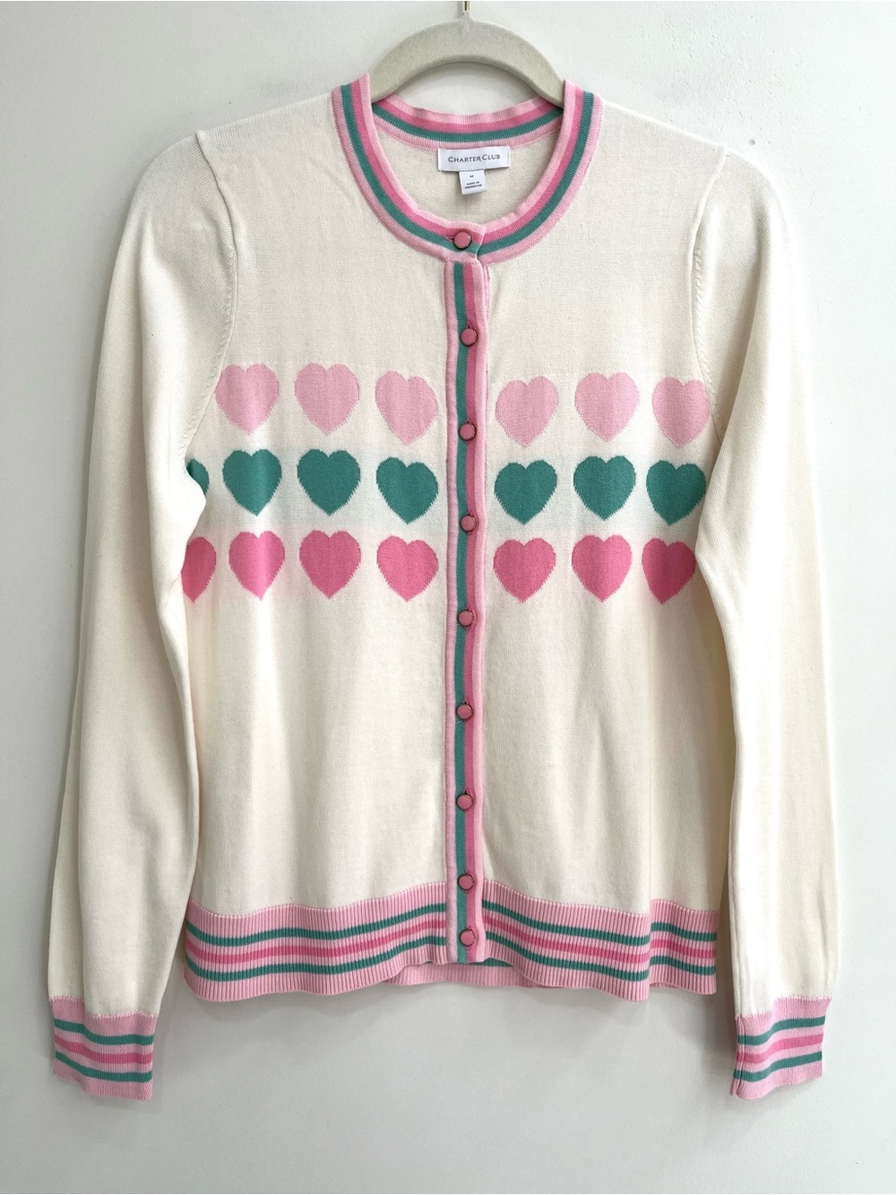 Charter Club cardigan stripes pastel pink green hearts twee girly whimsy medium